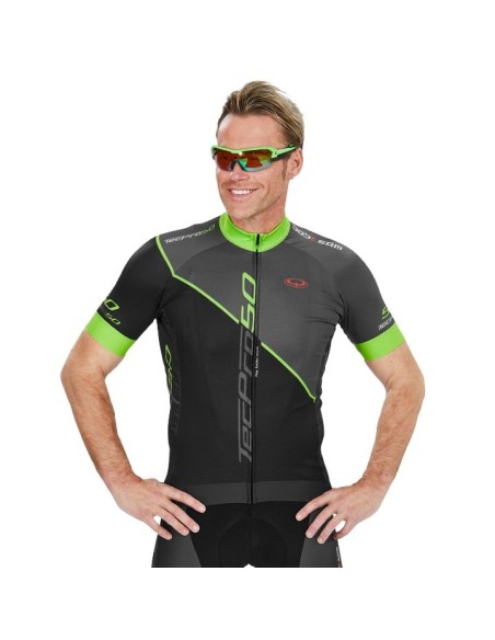 Maillot TecPro50 de Mangas Cortas en Negro y Verde Neón para Tu Estilo Deportivo