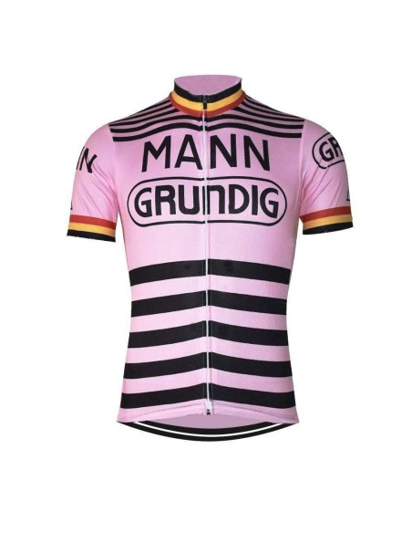 Maillot ciclista retro rosa Mann Grundig para los amantes del ciclismo